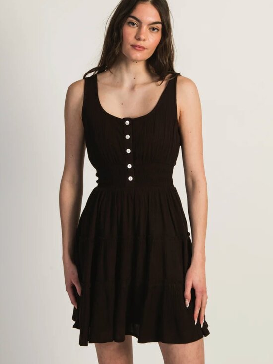 Patrons of Peace Dresses & Skirts - Patrons of Peace Olinda Tiered Dress Medium Brown Button Front Strappy Rayon